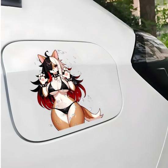 Anime Dog Girl Bikini Sticker, perfect for customizing hydro flasks and reusable water bottles. Vinyl car decals suitable for cars, motorcycles, laptops, computers, backpacks, water bottles, and more.