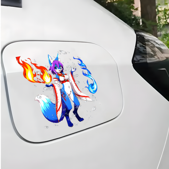 Fire and Ice Furry Fox Girl Sticker, ideal for bullet journaling, scrapbooking, and creative planning. Vinyl car decals suitable for cars, motorcycles, laptops, computers, backpacks, water bottles, and more.