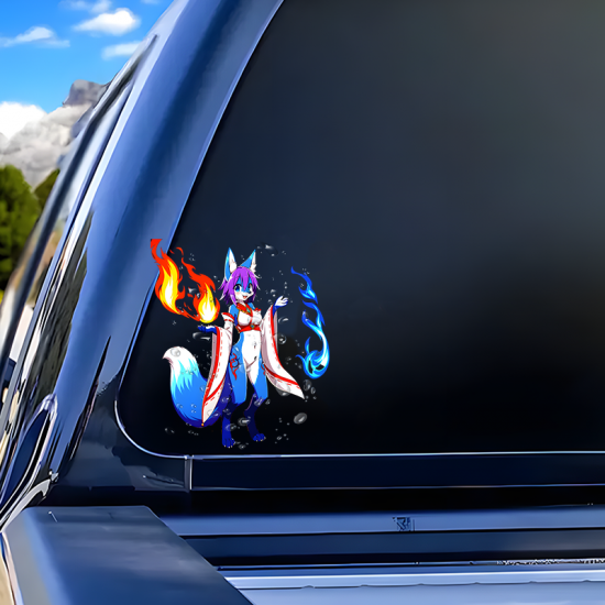 Fire and Ice Furry Fox Girl Sticker, ideal for bullet journaling, scrapbooking, and creative planning. Vinyl car decals suitable for cars, motorcycles, laptops, computers, backpacks, water bottles, and more.