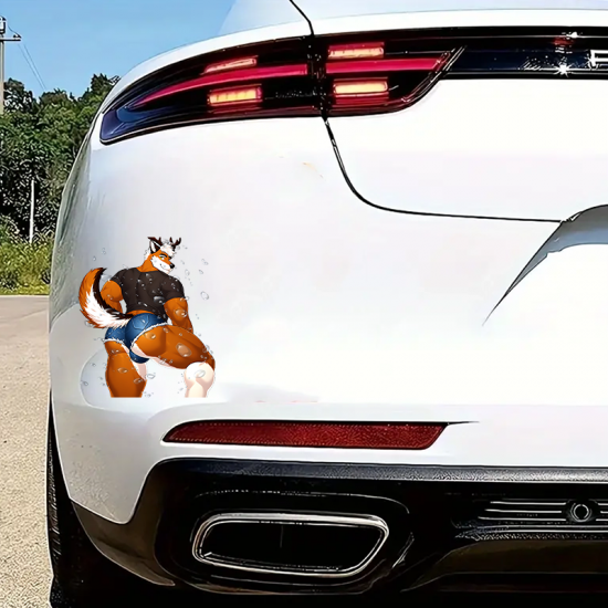 Furry Fox with Antlers and Sports Car Sticker, suitable for adding character to your car's rear windshield. Vinyl car decals suitable for cars, motorcycles, laptops, computers, backpacks, water bottles, and more.