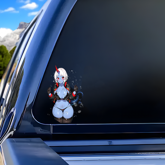 Wet Oni Girl with Sports Car Sticker, adds style to your daily planner, notebook, and office supplies. Vinyl car decals suitable for cars, motorcycles, laptops, computers, backpacks, water bottles, and more.