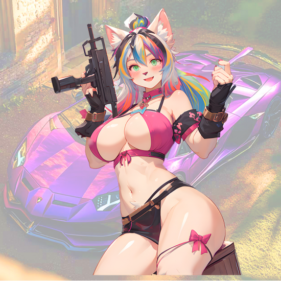 Anime Furry Girl with Gun and Purple Car Sticker, water-proof and sun-proof, great for car windows and bumpers. Vinyl car decals suitable for cars, motorcycles, laptops, computers, backpacks, water bottles, and more.
