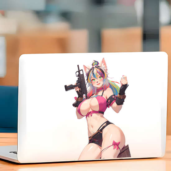 Anime Furry Girl with Gun and Purple Car Sticker, water-proof and sun-proof, great for car windows and bumpers. Vinyl car decals suitable for cars, motorcycles, laptops, computers, backpacks, water bottles, and more.