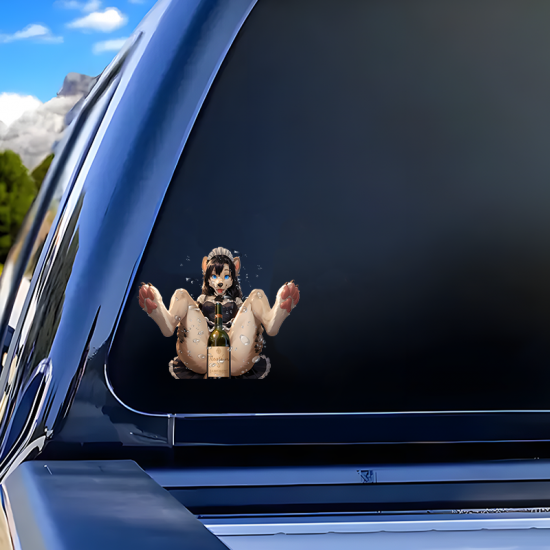 Furry Maid with Wine Bottle Car Decal, suitable for smooth surfaces like glass, mirrors, windows, and tiles. Vinyl car decals suitable for cars, motorcycles, laptops, computers, backpacks, water bottles, and more.
