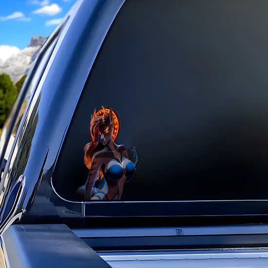 Horned Wolf Girl Car Sticker/Decal, water-proof and sun-proof, great for car windows and bumpers. Vinyl car decals suitable for cars, motorcycles, laptops, computers, backpacks, water bottles, and more.