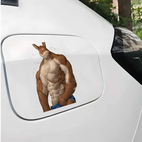 Muscular Rabbit Furry with Sports Car Sticker/Decal, waterproof vinyl decal for cars, motorcycles, bicycles, and helmets. Vinyl car decals suitable for cars, motorcycles, laptops, computers, backpacks, water bottles, and more.