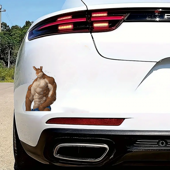 Muscular Rabbit Furry with Sports Car Sticker/Decal, waterproof vinyl decal for cars, motorcycles, bicycles, and helmets. Vinyl car decals suitable for cars, motorcycles, laptops, computers, backpacks, water bottles, and more.