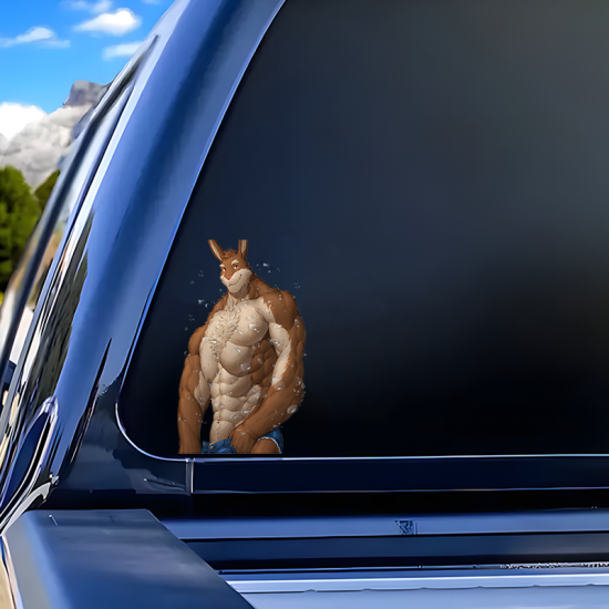 Muscular Rabbit Furry with Sports Car Sticker/Decal, waterproof vinyl decal for cars, motorcycles, bicycles, and helmets. Vinyl car decals suitable for cars, motorcycles, laptops, computers, backpacks, water bottles, and more.