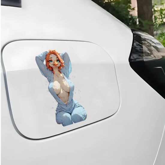 Anthro Bird Girl with Sports Car Sticker, perfect for customizing hydro flasks and reusable water bottles. Vinyl car decals suitable for cars, motorcycles, laptops, computers, backpacks, water bottles, and more.