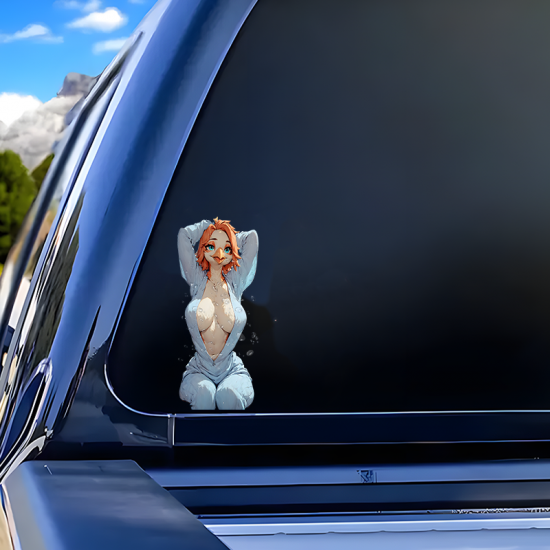 Anthro Bird Girl with Sports Car Sticker, perfect for customizing hydro flasks and reusable water bottles. Vinyl car decals suitable for cars, motorcycles, laptops, computers, backpacks, water bottles, and more.