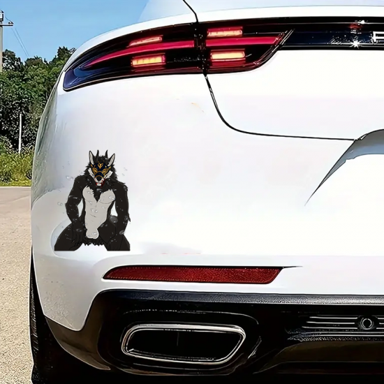 Masked Furry Wolf with Lamborghini Car Sticker, perfect for gaming setups, PC towers, and console skins. Vinyl car decals suitable for cars, motorcycles, laptops, computers, backpacks, water bottles, and more.