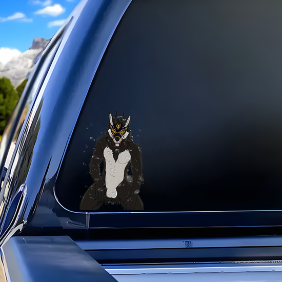 Masked Furry Wolf with Lamborghini Car Sticker, perfect for gaming setups, PC towers, and console skins. Vinyl car decals suitable for cars, motorcycles, laptops, computers, backpacks, water bottles, and more.