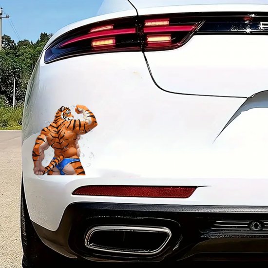 Muscular Tiger Furry Sticker/Decal, great for adding a pop of color to your fridge or freezer. Vinyl car decals suitable for cars, motorcycles, laptops, computers, backpacks, water bottles, and more.