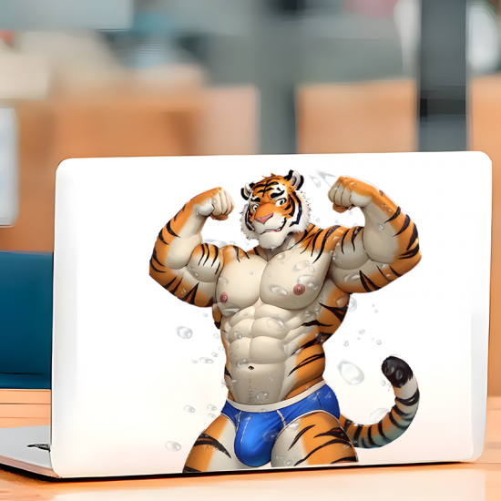 Muscular Tiger Furry Sticker Decal, cute design suitable for party favors, goodie bags, and rewards. Vinyl car decals suitable for cars, motorcycles, laptops, computers, backpacks, water bottles, and more.