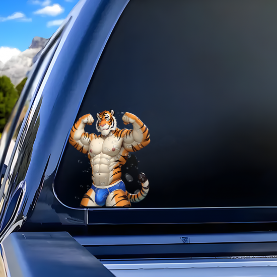 Muscular Tiger Furry Sticker Decal, cute design suitable for party favors, goodie bags, and rewards. Vinyl car decals suitable for cars, motorcycles, laptops, computers, backpacks, water bottles, and more.