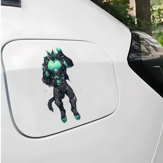 Three-Headed Wolf Anthro Muscle Car Sticker, perfect for gaming setups, PC towers, and console skins. Vinyl car decals suitable for cars, motorcycles, laptops, computers, backpacks, water bottles, and more.