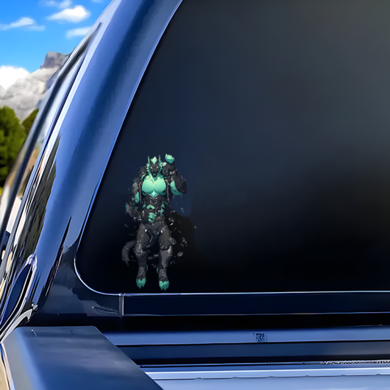 Three-Headed Wolf Anthro Muscle Car Sticker, perfect for gaming setups, PC towers, and console skins. Vinyl car decals suitable for cars, motorcycles, laptops, computers, backpacks, water bottles, and more.