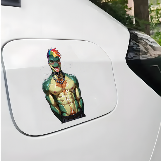 Muscular Lizard Furry with Rainbow Hair Sticker, ideal for customizing your airpods case or headphone stand. Vinyl car decals suitable for cars, motorcycles, laptops, computers, backpacks, water bottles, and more.