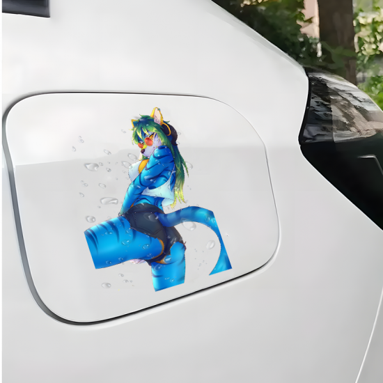 Blue Furry Girl and Sports Car Sticker, cute design suitable for party favors, goodie bags, and rewards. Vinyl car decals suitable for cars, motorcycles, laptops, computers, backpacks, water bottles, and more.
