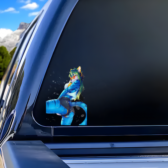 Blue Furry Girl and Sports Car Sticker, cute design suitable for party favors, goodie bags, and rewards. Vinyl car decals suitable for cars, motorcycles, laptops, computers, backpacks, water bottles, and more.