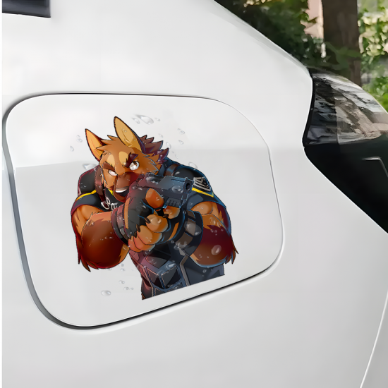 Furry Dog Cop with Gun Sticker, great for decorating notebooks, journals, scrapbooks, and gift packages. Vinyl car decals suitable for cars, motorcycles, laptops, computers, backpacks, water bottles, and more.