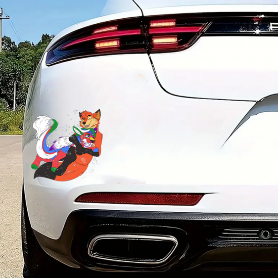 Furry Fox Hugging Sticker Decal, designed for MacBooks, iPhones, travel cases, guitars, and fridges. Vinyl car decals suitable for cars, motorcycles, laptops, computers, backpacks, water bottles, and more.