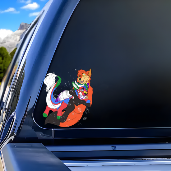Furry Fox Hugging Sticker Decal, designed for MacBooks, iPhones, travel cases, guitars, and fridges. Vinyl car decals suitable for cars, motorcycles, laptops, computers, backpacks, water bottles, and more.