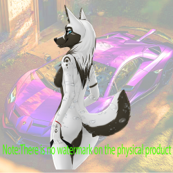 Furry Anthro Wolf Girl and Supercar Sticker Decal, suitable for skateboard decks, rollerblades, and scooters. Vinyl car decals suitable for cars, motorcycles, laptops, computers, backpacks, water bottles, and more.