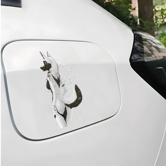 Furry Anthro Wolf Girl and Supercar Sticker Decal, suitable for skateboard decks, rollerblades, and scooters. Vinyl car decals suitable for cars, motorcycles, laptops, computers, backpacks, water bottles, and more.