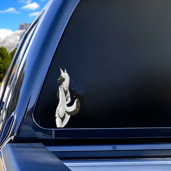 Furry Anthro Wolf Girl and Supercar Sticker Decal, suitable for skateboard decks, rollerblades, and scooters. Vinyl car decals suitable for cars, motorcycles, laptops, computers, backpacks, water bottles, and more.